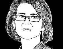 cartoon portrait of Andrea Packard ’85